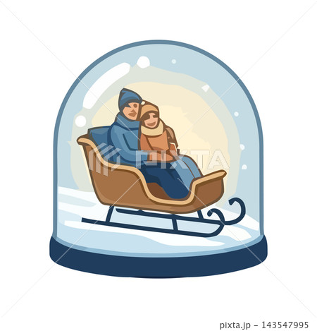 Charming illustration of a couple in a sleigh inside a snow globe, perfect for winter and holiday themes. 143547995
