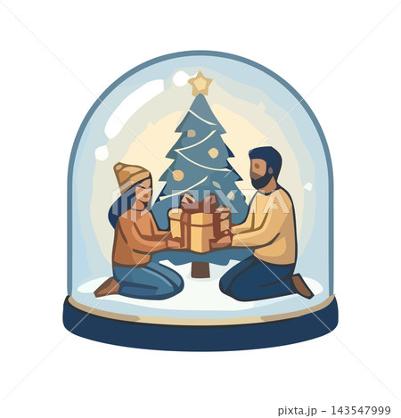 Cozy winter scene inside a snow globe: a couple exchanging a gift beside a Christmas tree. 143547999