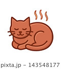 A charming illustration of a relaxed ginger cat curled up and sleeping, with gentle steam indicating warmth. 143548177