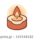 A minimalist illustration of a lit candle, emitting a warm glow. Symbolizes peace, relaxation, and cozy ambiance. 143548182