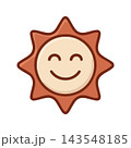 A charming, hand-drawn style sun icon with a cheerful smiling face and radiating rays. 143548185