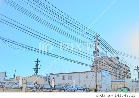 住宅街から見た青空と電線 143548313