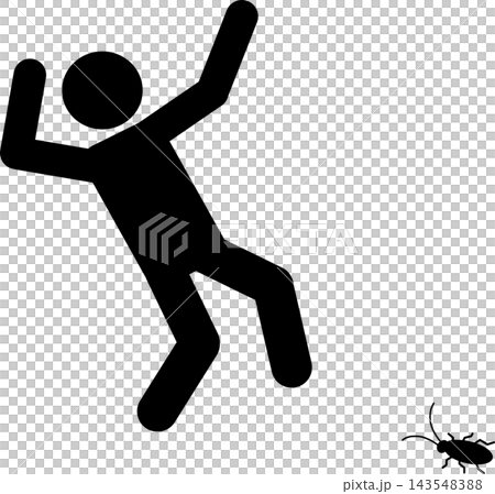 Pictogram of a person startled by a cockroach, black silhouette, transparent background. Pictogram of a person startled by a cockroach, black silhouette, transparent background. 143548388
