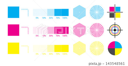 CMYK Color Print Test Chart Vector Set with Registration Marks Crosshair Targets Color Swatches and Calibration Bars CMYK Color Print Test Chart Vector Set with Registration Marks Crosshair Targets Color Swatches and Calibration Bars 143548561