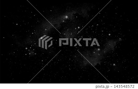 Deep Space Starry Night Sky Background with Stippled Stars, Clusters and Nebulae in Black and White Vector Illustration Deep Space Starry Night Sky Background with Stippled Stars, Clusters and Nebulae in Black and White Vector Illustration 143548572