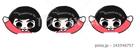 手の上げ方が異なる黒髪の女の子3ポーズセットの手描きイラスト 143548757