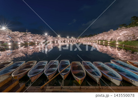 日本、青森、弘前、春、桜、夜桜、城、弘前城、弘前公園、ライトアップ、夜景、満開、夜、花、サクラ、ソメ 143550078