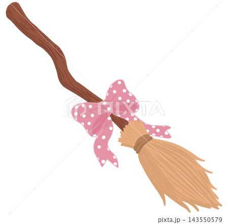 A cute cartoon witch broom decorated with a pink ribbon featuring white polka dots. A cute cartoon witch broom decorated with a pink ribbon featuring white polka dots. 143550579
