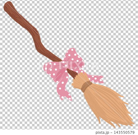 A cute cartoon witch broom decorated with a pink ribbon featuring white polka dots. A cute cartoon witch broom decorated with a pink ribbon featuring white polka dots. 143550579