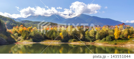 Bansko autumn banner with lake, Bulgaria 143551044