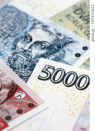 Czech koruna paper banknotes pile on table. Czech Republic CZK currency money bills in big amount 143551622