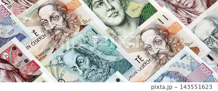 Czech koruna paper banknotes pile on table. Czech Republic CZK currency money bills in big amount 143551623