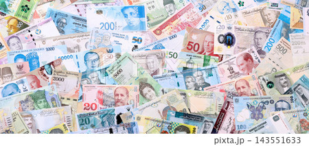 Big amount of money bills of different various currencies and countries Big amount of money bills of different various currencies and countries 143551633