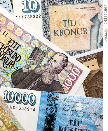Icelandic krona money bills pile on table. Iceland banknotes of ISK currency close up 143551664