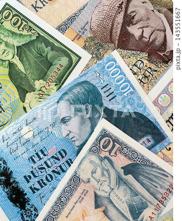 Icelandic krona money bills pile on table. Iceland banknotes of ISK currency close up 143551667