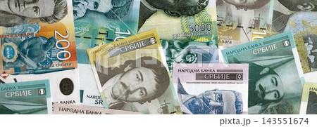 Serbian dinar money bills pile on table. Serbia banknotes of RSD currency. Concept of business 143551674