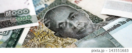 Cambodian riel money bills pile on table. Cambodia banknotes of KHR currency close up Cambodian riel money bills pile on table. Cambodia banknotes of KHR currency close up 143551683