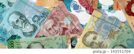 Costa Rican new colon money bills pile on table. Costa Rica banknotes of CRC currency close up 143551704