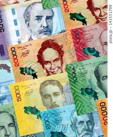Costa Rican colon money bills pile on table. Costa Rica banknotes of CRC currency close up Costa Rican colon money bills pile on table. Costa Rica banknotes of CRC currency close up 143551709