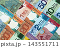Costa Rican colon money bills pile on table. Costa Rica banknotes of CRC currency close up 143551711