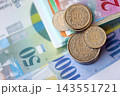 Swiss franc money bills and cent coins pile on table. Switzerland coins on banknotes of CHF currency 143551721