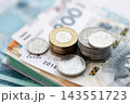 Polish zloty money bills and grosz coins pile on table. Poland coins on banknotes of PLN currency 143551723