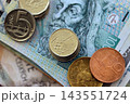Czech koruna money bills and haler coins pile on table. Czech Republic banknotes of CZK currency 143551724