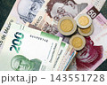 Mexican peso money bills and centavo coins pile on table. Mexico coins on banknotes of MXN currency 143551728