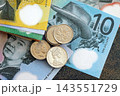 Australian dollar money bills and cent coins pile. Australia coins on banknotes of AUD currency 143551729