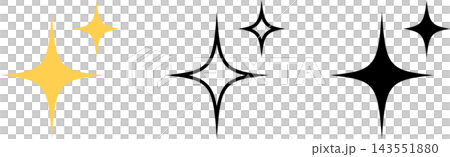 Rounded, four-way sparkling star icon set, yellow and black transparent background vector. 143551880