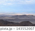 メキシコ・バハカリフォルニア州の険しい山岳から砂漠へ続くアメリカとの国境の壁と広大な荒野の俯瞰景観 143552007