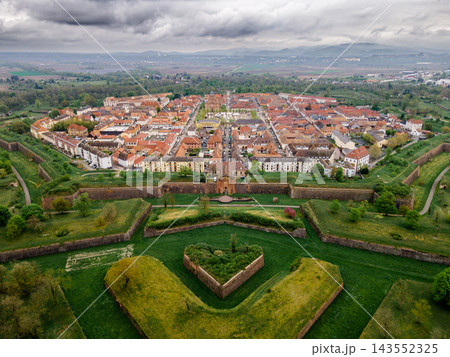 Star citadel Neuf-Brisach drone shot over fortified gate. Star citadel Neuf-Brisach drone shot over fortified gate and geometric bastions, Vauban UNESCO heritage defense architecture under cloudy spri 143552325