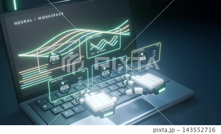 A robot is typing on a laptop data analysis person code bg 3d render A robot is typing on a laptop data analysis person code bg 3d render 143552716