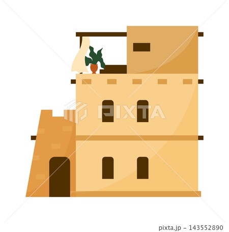 House exterior. Traditional desert home with rooftop terrace, curtain and potted plant, vernacular architecture, residential property, and building facade design. Vector cartoon illustration 143552890