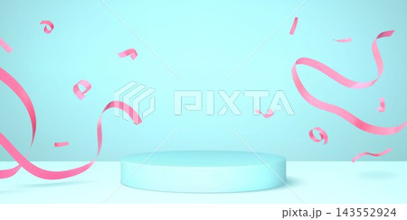 Pink ribbon banner. Gift product podium, sale or winner platform for trophy award backdrop. 3d pastel present stand for promotion. Minimal stage on pastel background. Vector illustration Pink ribbon banner. Gift product podium, sale or winner platform for trophy award backdrop. 3d pastel present stand for promotion. Minimal stage on pastel background. Vector illustration 143552924