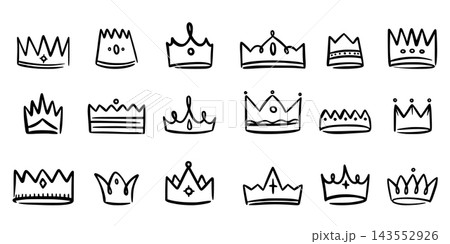 Crown icon. Doodle jewel sketch, yellow graffiti elements or modern success accessory. Royal queen silhouette. Different shapes and ornaments for logotype. Vector isolated illustration 143552926