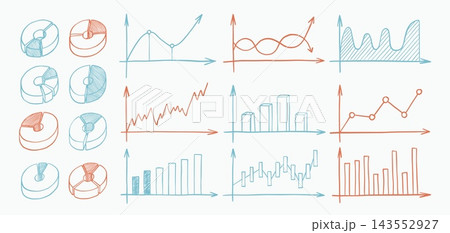 Graph sketch. Hand drawn data chart, doodle infographic pie or computer progress arrow. Finance report. Bar graphs, business analytics, reporting, statistics, performance vector icons set 143552927