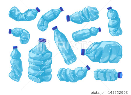 Plastic bottle set. Empty water crush waste, crumpled garbage recycle or rubbish trash icon different forms. Crashed drink cap. Ecological sustainability. Vector cartoon isolated collection 143552998