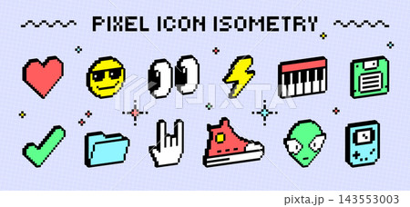 pixel cute isometry icons. Game emoji. 3d digital art isolated cool arrow sticker, 90s computer desktop. Y2K bit badge, digital interface graphics, sneaker, alien and heart. Vector design pixel cute isometry icons. Game emoji. 3d digital art isolated cool arrow sticker, 90s computer desktop. Y2K bit badge, digital interface graphics, sneaker, alien and heart. Vector design 143553003