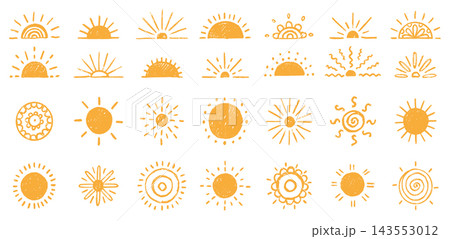 Sun icons. Sunrise or sunset, half of summer. Doodle sunshine ray, morning shine rise. Happy smile heat. Logotype hand drawn isolated elements, decorative minimal vector sketch style symbol Sun icons. Sunrise or sunset, half of summer. Doodle sunshine ray, morning shine rise. Happy smile heat. Logotype hand drawn isolated elements, decorative minimal vector sketch style symbol 143553012