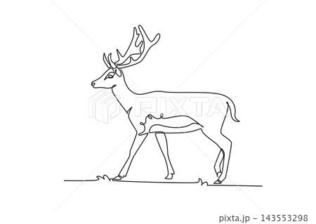 Single one line drawing deer animal walking calmly across grass. Deciduous forest wildlife biodiversity, branched antler horns, woodland fauna. Continuous line draw design graphic vector illustration 143553298