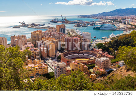 Aerial Scenic View of Malaga Cityscape with La Malagueta Bullring, Houses and Mediterranean Sea, Spain 143553756