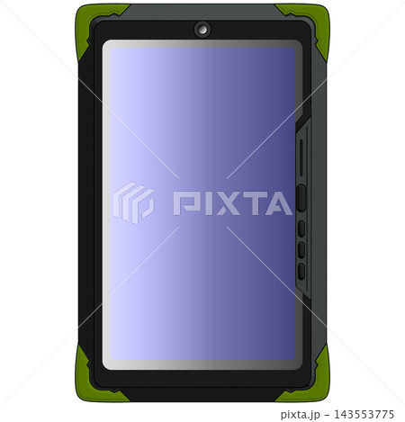 黒と黄緑の近未来的なタブレット端末の正面イラスト・紫色の画面を備えたSFゲーム用デバイス素材 143553775