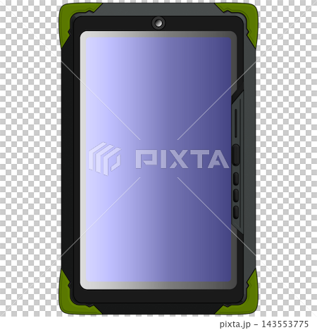 黒と黄緑の近未来的なタブレット端末の正面イラスト・紫色の画面を備えたSFゲーム用デバイス素材 143553775