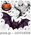 The image shows a set of digital vector illustrations with a Halloween theme, including a ghost with glowing red eyes 143554098