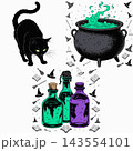 The image shows a set of Halloween-themed vector illustrations a black cat, a cauldron with green liquid, and a potion 143554101