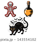 The image shows a set of vintage-style vector graphic elements themed around Halloween 143554102