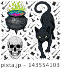 This image features a collection of Halloween-themed vector illustrations, including a black cat 143554103