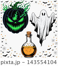 This is a spooky Halloween-themed vector collection featuring a dark jack-o'-lantern with glowing green flames 143554104