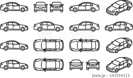 Car Icons Vector Set: Outline Vehicles from Multiple Angles 143554113
